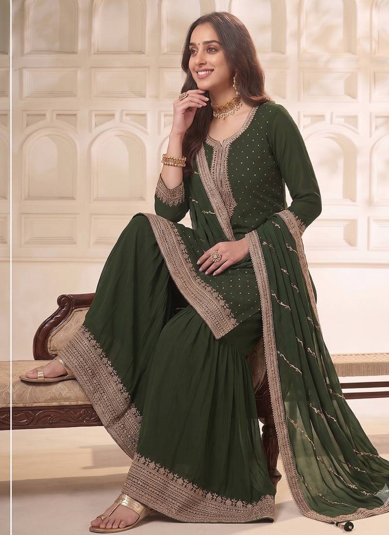Mehendi  embroidered unstitched salwar suit material with heavy border dupatta