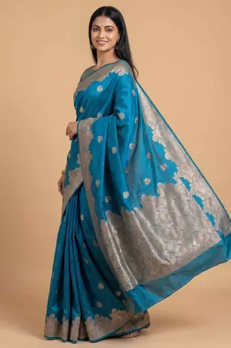 Sky blue semi silk banarasi  saree with floral zari work
