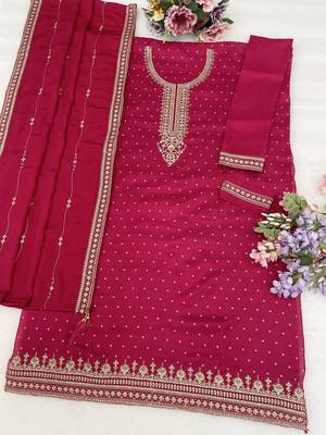 Pink embroidered unstitched salwar suit material with heavy border dupatta 4