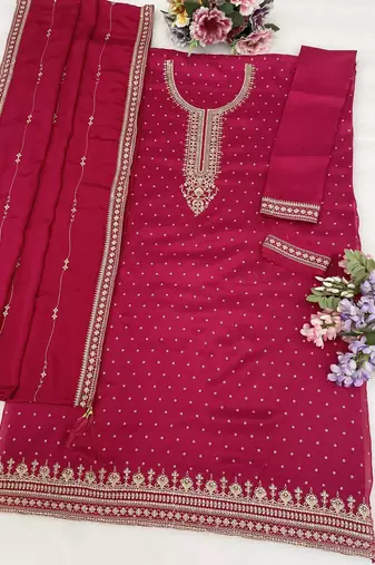 Pink embroidered unstitched salwar suit material with heavy border dupatta
