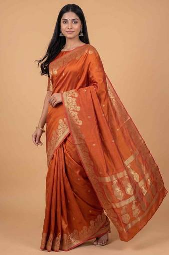 Orange semi silk banarasi  saree with floral zari leaf work