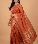 Orange semi silk banarasi  saree with floral zari leaf work