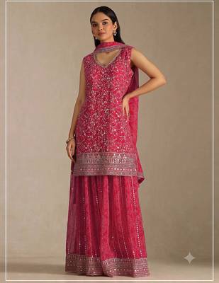 Pink georgette bandhani mirror work dress material set 1