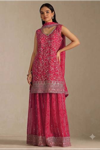 Pink georgette bandhani mirror work dress material set
