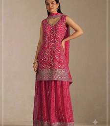 Pink georgette bandhani mirror work dress material set