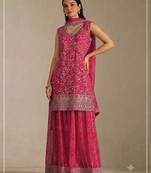 Pink georgette bandhani mirror work dress material set