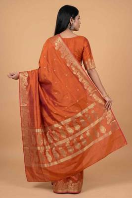 Orange semi silk banarasi  saree with floral zari leaf work 2