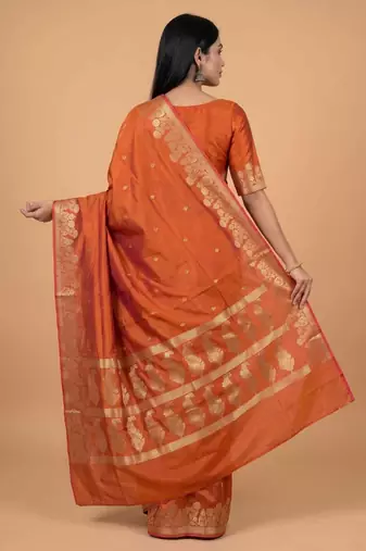 Orange semi silk banarasi  saree with floral zari leaf work
