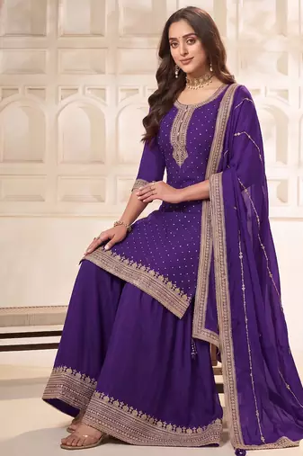 Jambli purple embroidered unstitched salwar suit material with heavy border dupatta