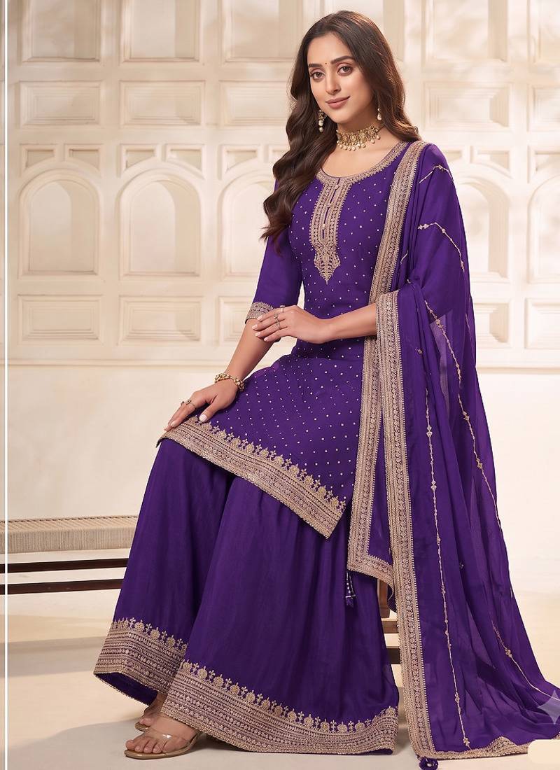 Jambli purple embroidered unstitched salwar suit material with heavy border dupatta