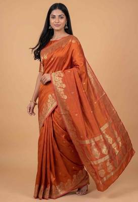 Orange semi silk banarasi  saree with floral zari leaf work 3