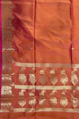Orange semi silk banarasi  saree with floral zari leaf work 4