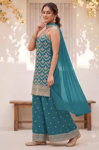 Teal embroidered strappy kurti sharara set