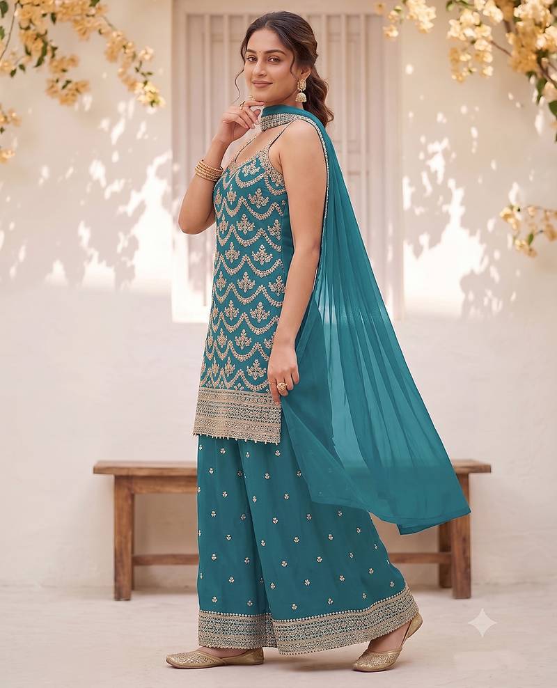 Teal embroidered strappy kurti sharara set