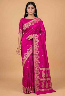 Rani pink semi silk banarasi  saree with floral zari & booti work 1