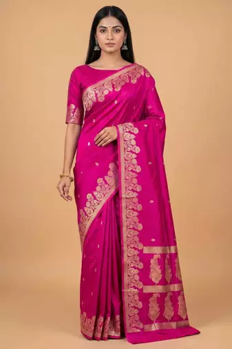 Rani pink semi silk banarasi  saree with floral zari & booti work