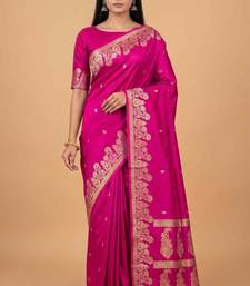 Rani pink semi silk banarasi  saree with floral zari & booti work