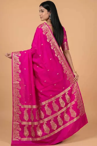 Rani pink semi silk banarasi  saree with floral zari & booti work