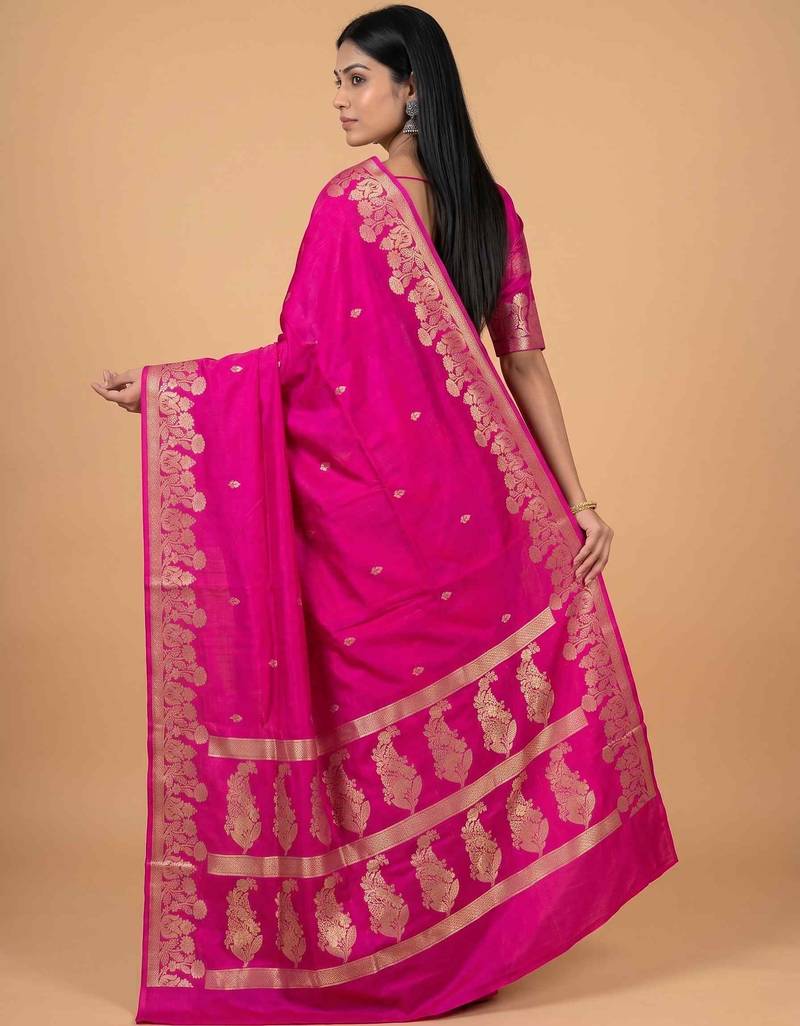 Rani pink semi silk banarasi  saree with floral zari & booti work