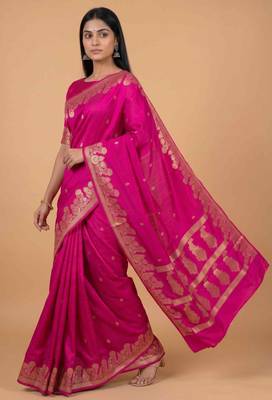 Rani pink semi silk banarasi  saree with floral zari & booti work 3