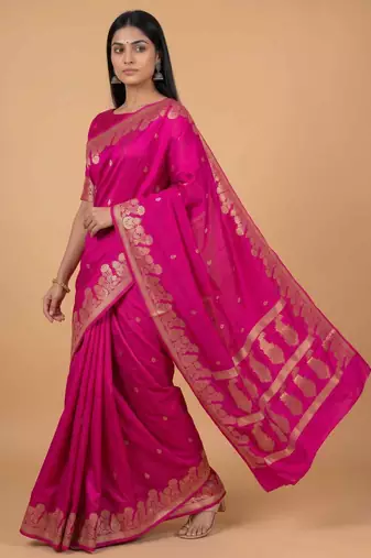 Rani pink semi silk banarasi  saree with floral zari & booti work