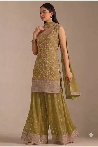 Olive green  faux georgette bandhani mirror work dress material set