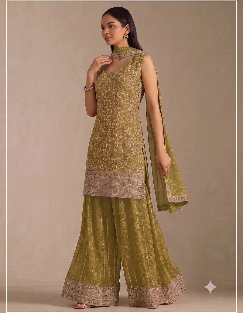 Olive green  faux georgette bandhani mirror work dress material set