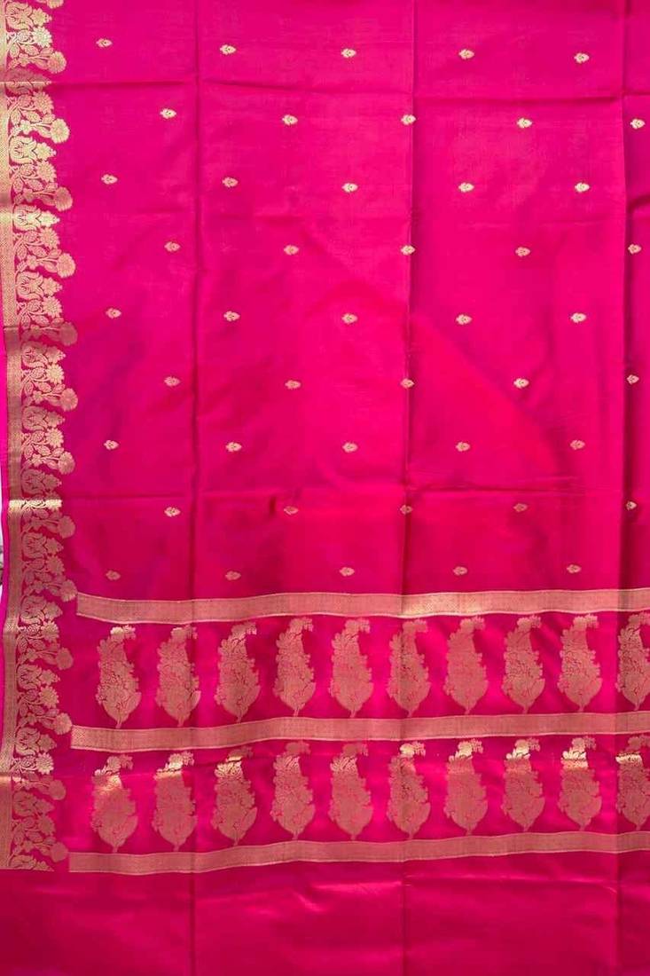 Rani pink semi silk banarasi  saree with floral zari & booti work