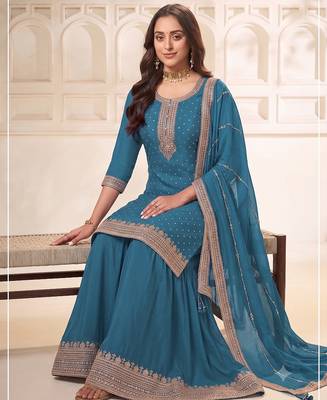 Blue embroidered unstitched salwar suit material with heavy border dupatta 2