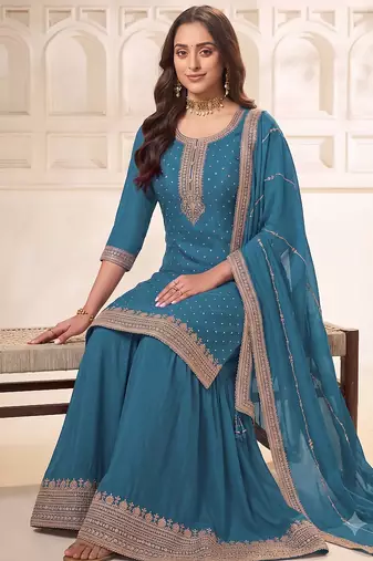 Blue embroidered unstitched salwar suit material with heavy border dupatta