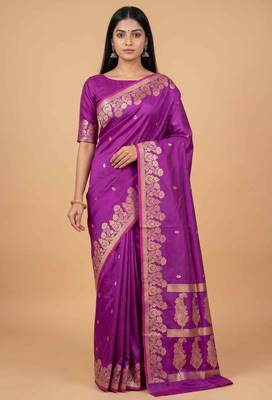 Purple semi silk banarasi  saree with floral zari & booti work 1