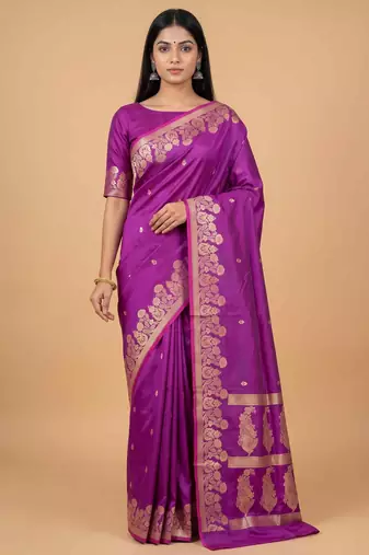 Purple semi silk banarasi  saree with floral zari & booti work