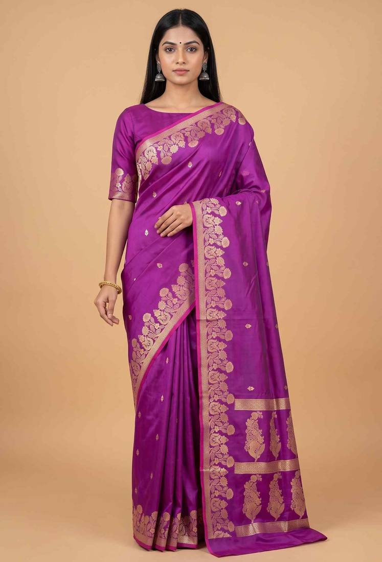 Purple semi silk banarasi  saree with floral zari & booti work