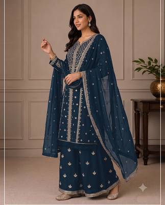 Teal zari work straight kurta with bottom & scallop dupatta set 3