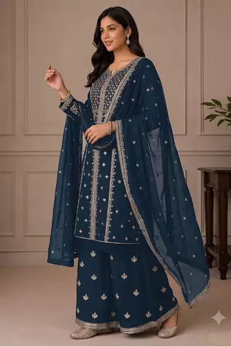 Teal zari work straight kurta with bottom & scallop dupatta set
