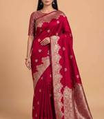 Red semi silk banarasi  saree with floral zari & booti work