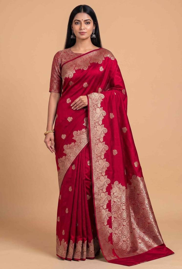 Red semi silk banarasi  saree with floral zari & booti work