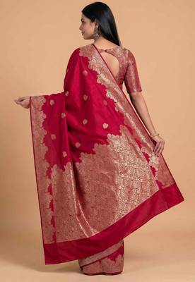 Red semi silk banarasi  saree with floral zari & booti work 2