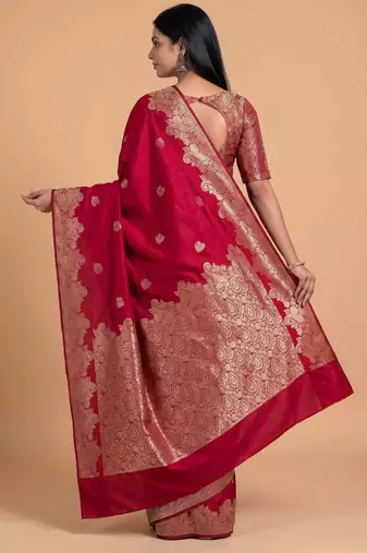 Red semi silk banarasi  saree with floral zari & booti work