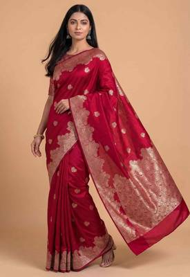 Red semi silk banarasi  saree with floral zari & booti work 3
