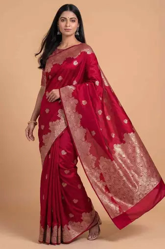 Red semi silk banarasi  saree with floral zari & booti work