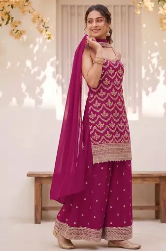 Pink embroidered strappy kurti sharara set