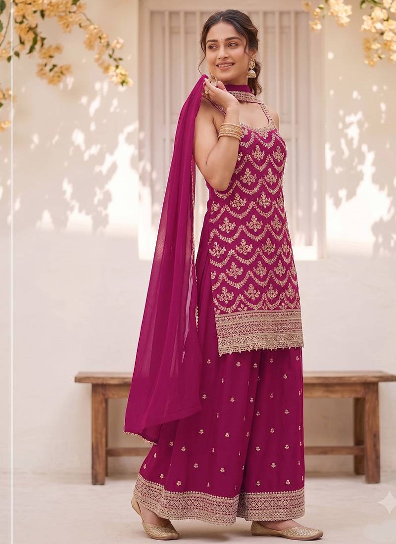 Pink embroidered strappy kurti sharara set