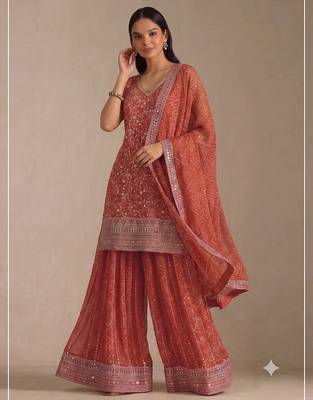 Orange georgette bandhani mirror work dress material set 2