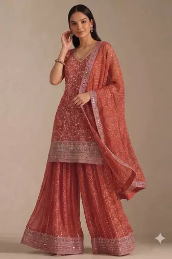Orange georgette bandhani mirror work dress material set