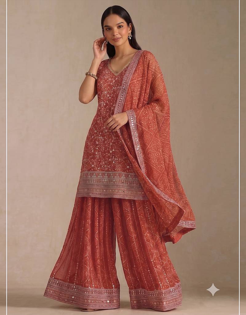 Orange georgette bandhani mirror work dress material set