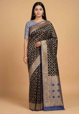Black cotton silk banarasi  saree with floral zari jaal work 1