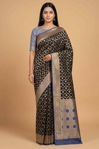 Black cotton silk banarasi  saree with floral zari jaal work