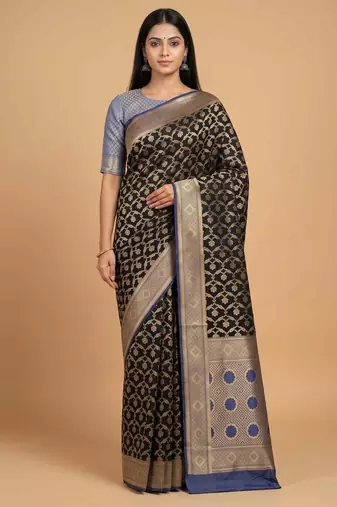 Black cotton silk banarasi  saree with floral zari jaal work