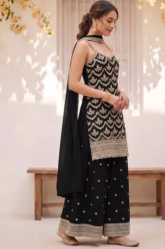 Black embroidered strappy kurti sharara set